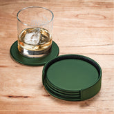 Dark Green Leatherette 4 Round Coaster Set w/ Holder